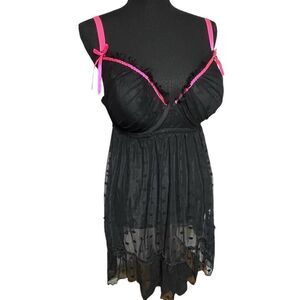 Kiss Kiss Black and Hot Pink Polka Dot Mesh Babydoll Chemise